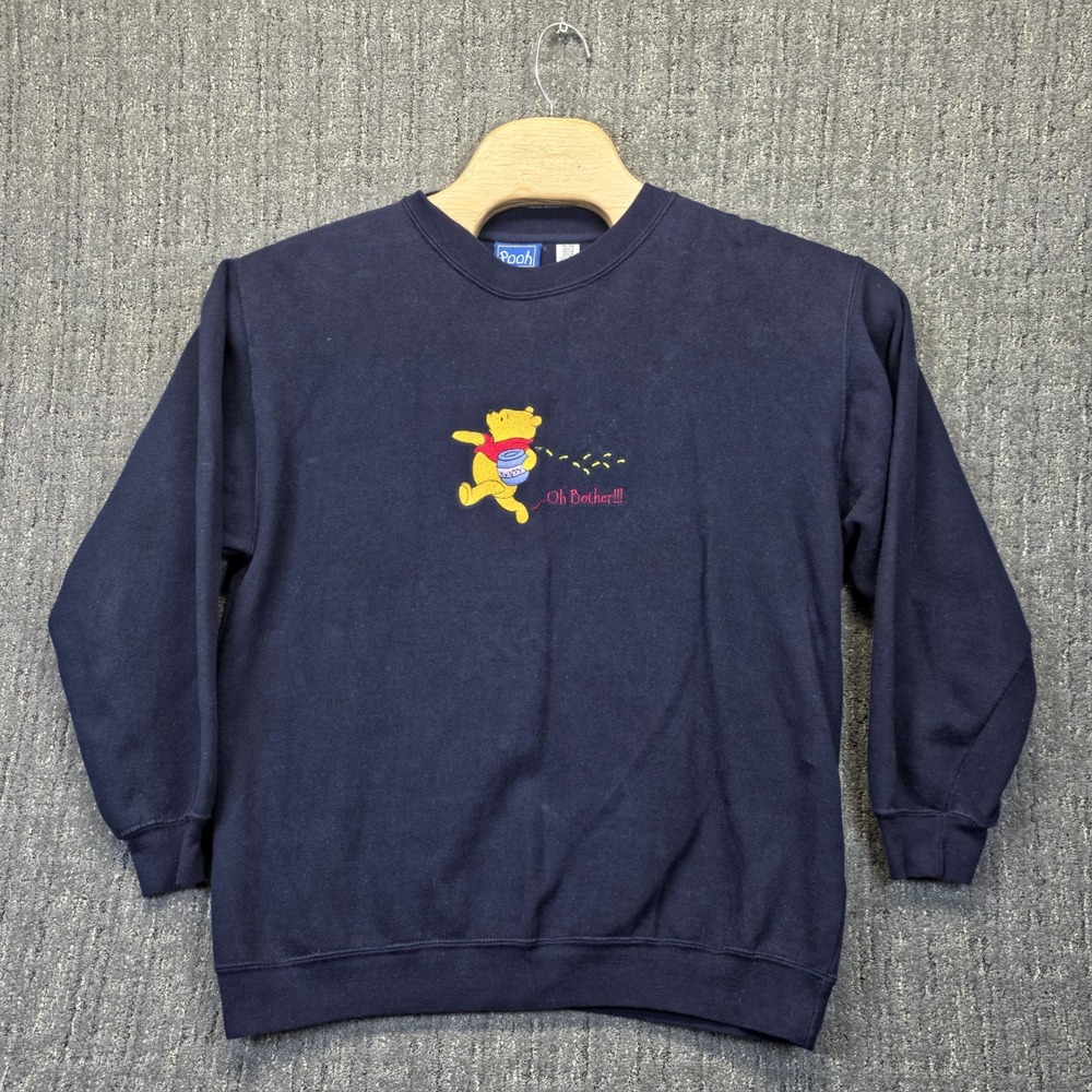 Vintage Disney Winnie The Pooh Sweatshirt XL Navy Blue Embroidered Oh Bother Pot